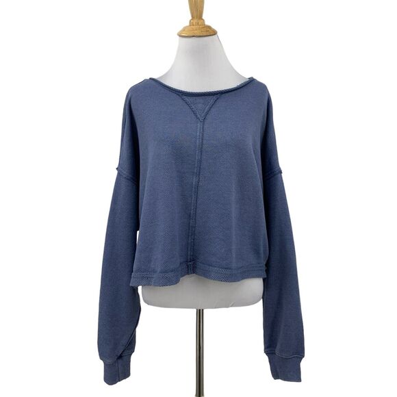 Aerie Sweater Womens L Large Cadet Blue Cropped Drop Shoulder Reversed Stitching - Picture 1 of 13